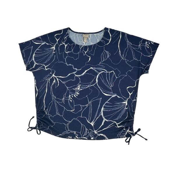 Chicos Blouse Top Size 3 or XL Navy Blue White Floral Side Ties Boxy Stretchy - Picture 6 of 8